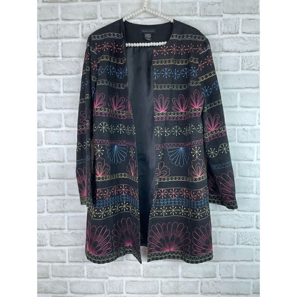 Vintage Silkland Women's Long Black Floral Embroidered Blazer Size L